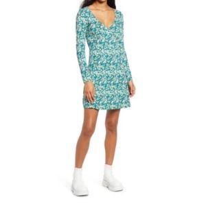BP Blue Green Floral V-Neck Long Sleeve Floral Flare Knit Dress Sz S